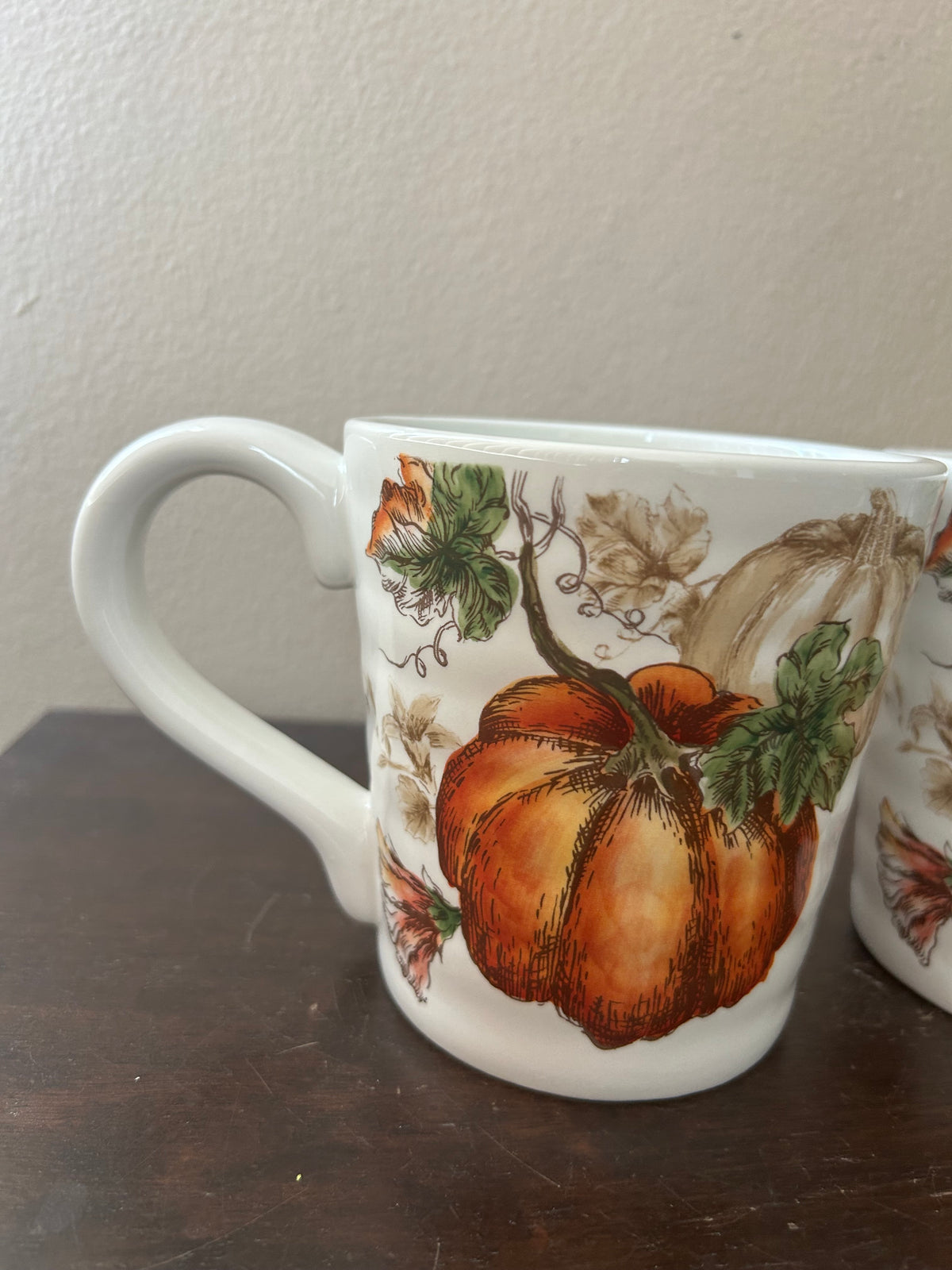 Set Of 2 Pumpkin Fall Coffee Mugs Cups New Thanksgiving Leaves Ceramic