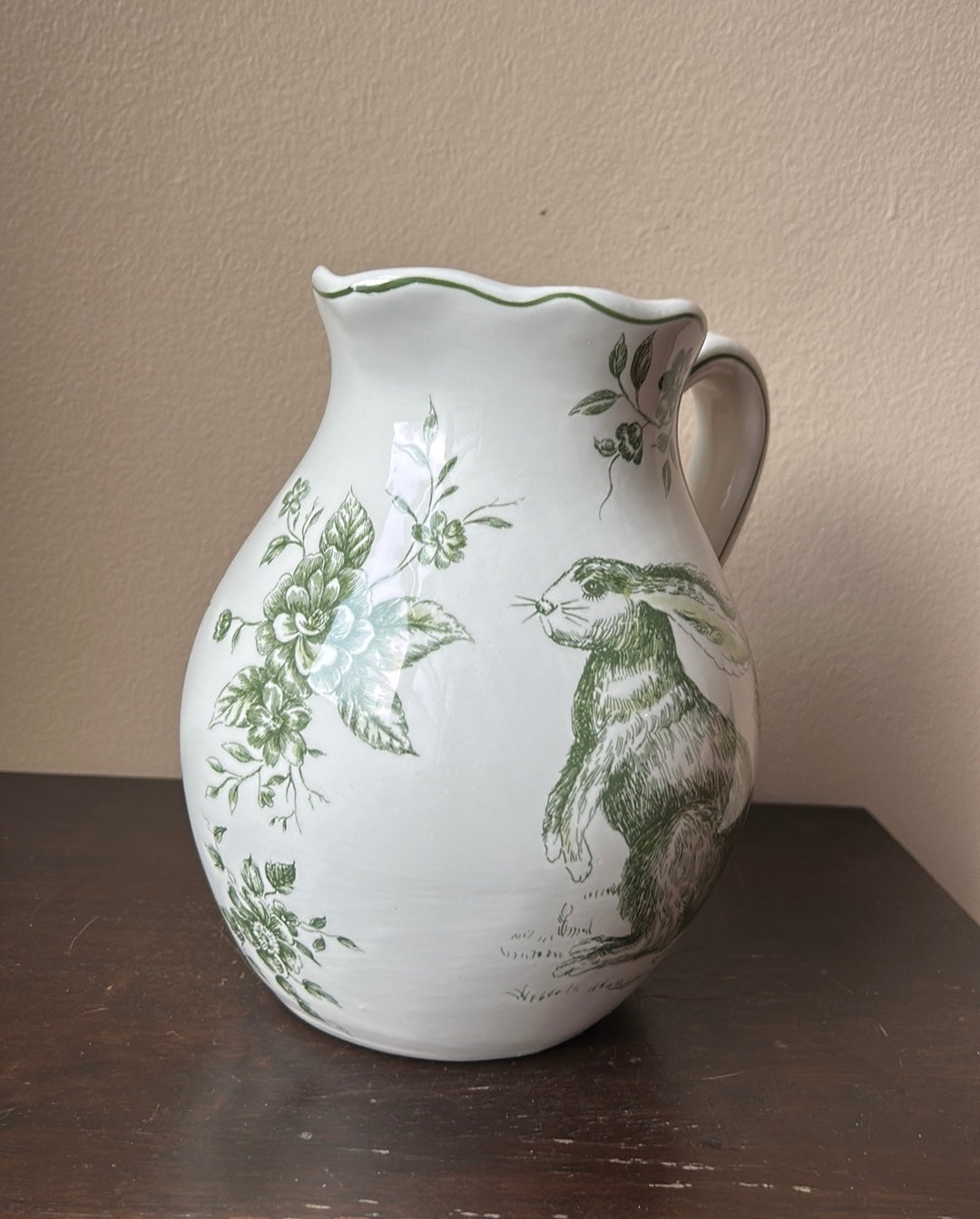 New Pitcher Vase Easter Spring Floral Green Bunny Rabbit Ceramic New 8” Tall