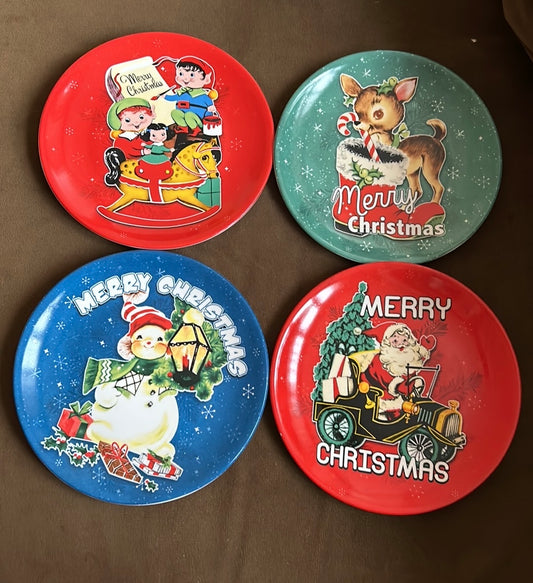 MR CHRISTMAS 4 Pc PLATES Santa Snowman Retro Ceramic 90th Anniversary New