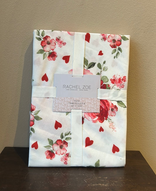 Rachel Zoe Valentines Day Hearts Floral Tablecloth 68” Round Farmhouse New