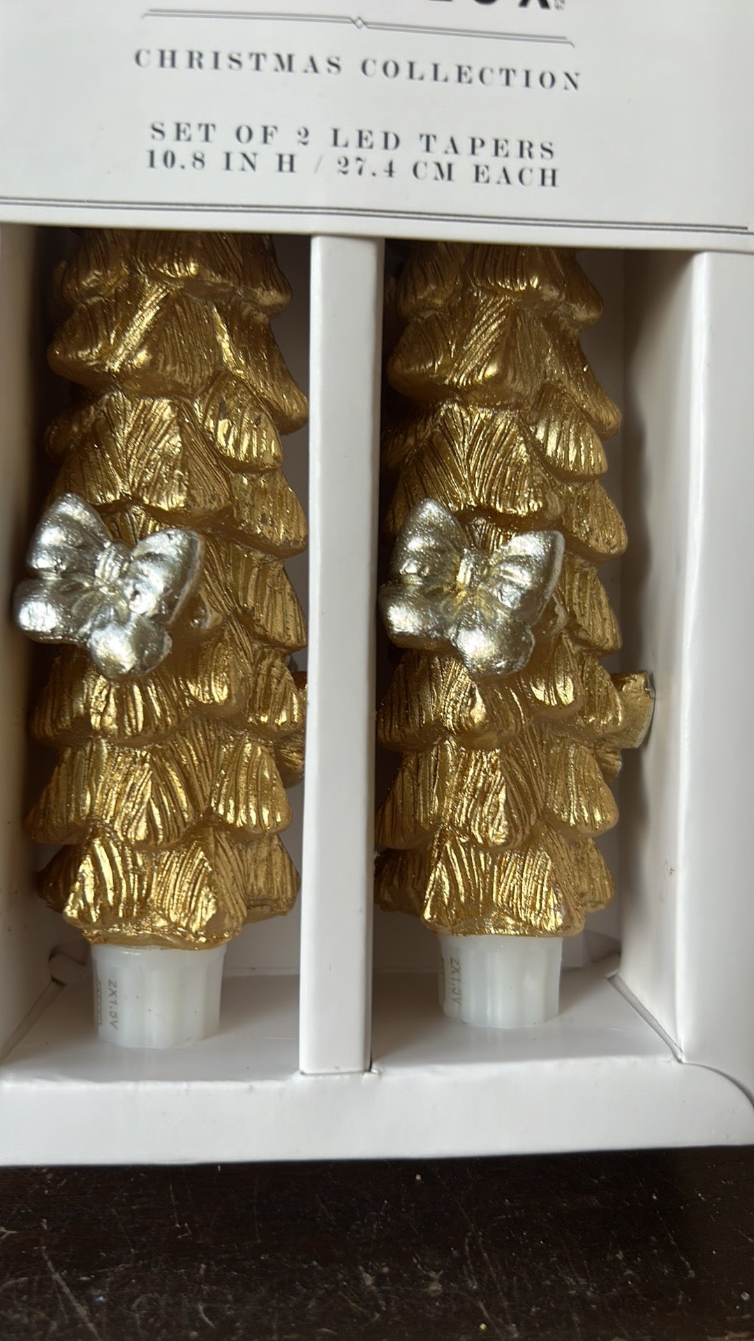Bella Lux Flameless Taper Candles 2 Pcs LED Christmas Tree Bows 10.8” Gold