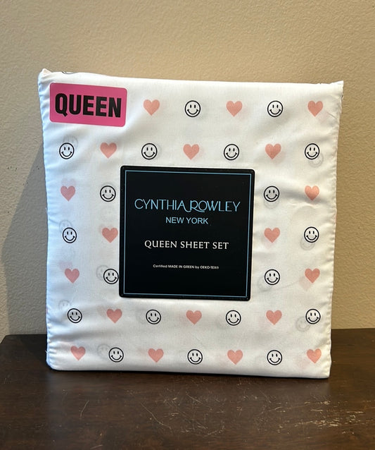 Cynthia Rowley QUEEN Sheet Set SMILEY FACE Black White Pink Hearts 4 PC NEW