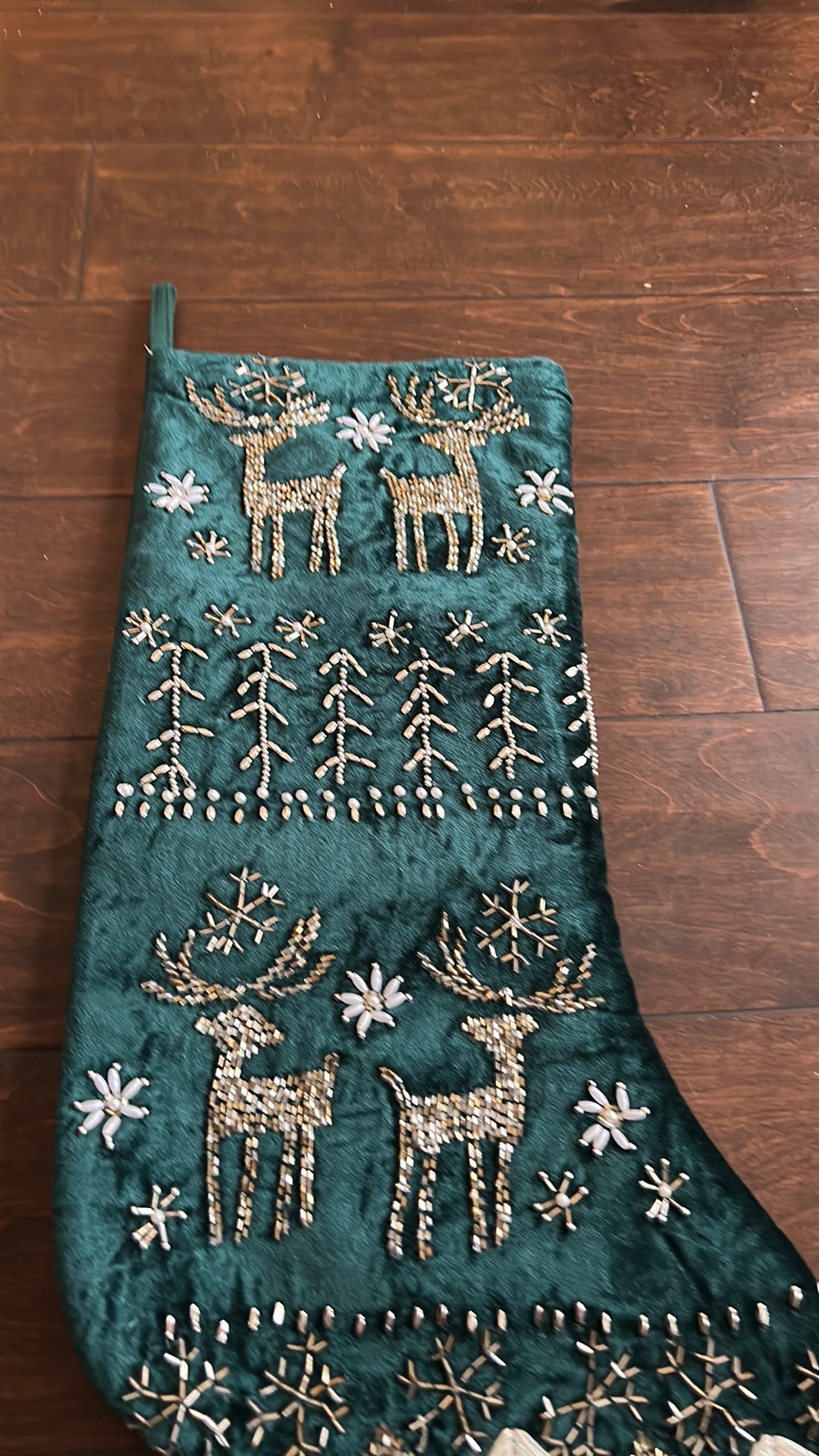 Christian Lacroix Green Christmas Reindeer Snowflake  Beaded 22” Stocking New