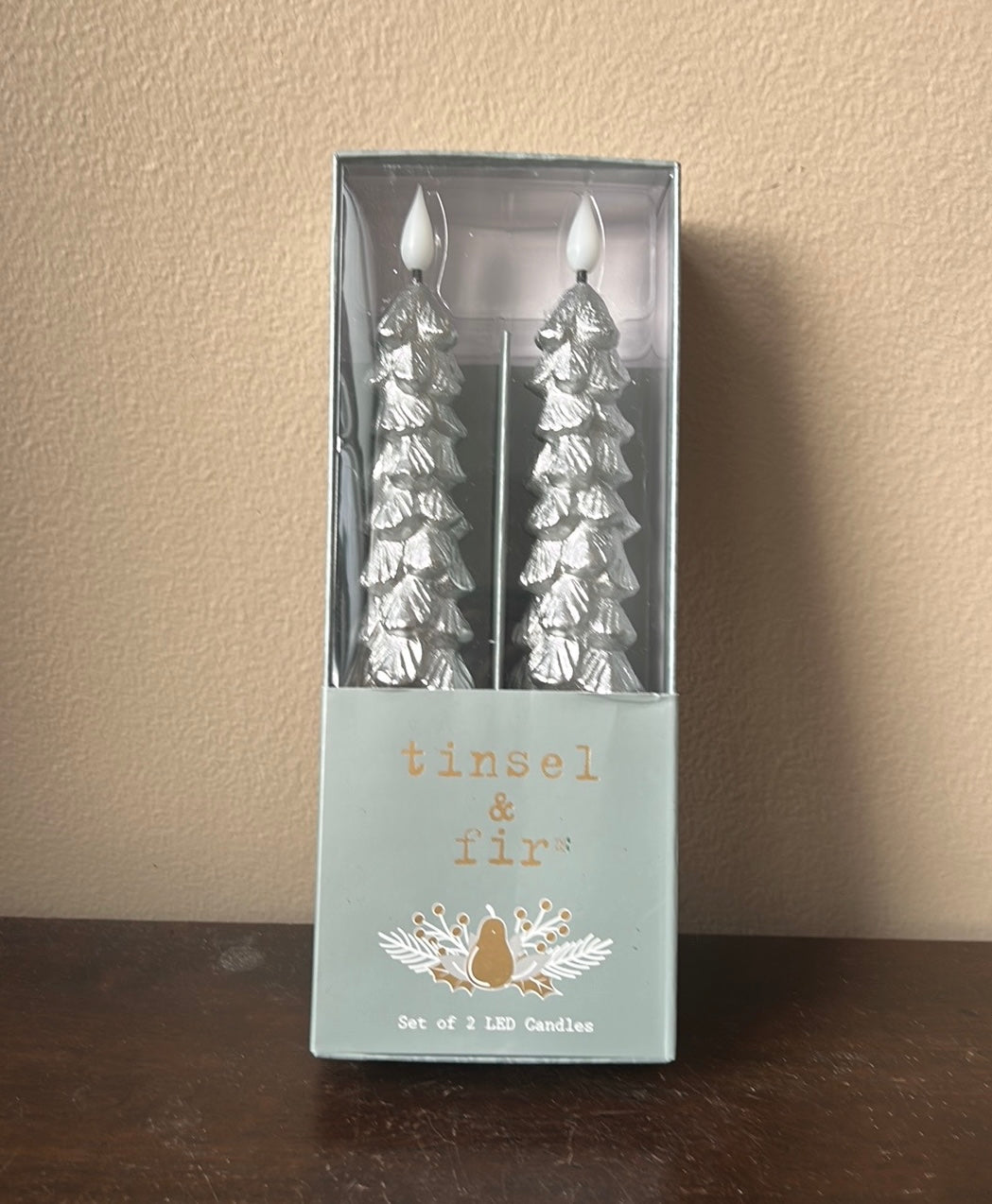 Tinsel & Fir Flameless Taper Candles 2 Pcs LED Christmas Tree Silver with Timer
