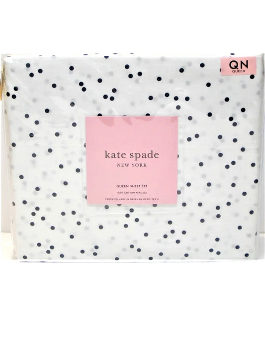 Kate Spade 4 PC Cotton Percale Sheet Set Scattered Dots Black on White Queen