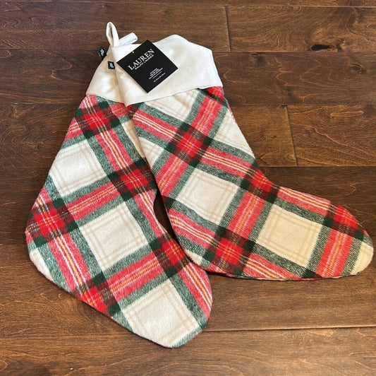 Ralph Lauren CHRISTMAS Stocking Cream Red Green Plaid Set Of 2 Wool Blend