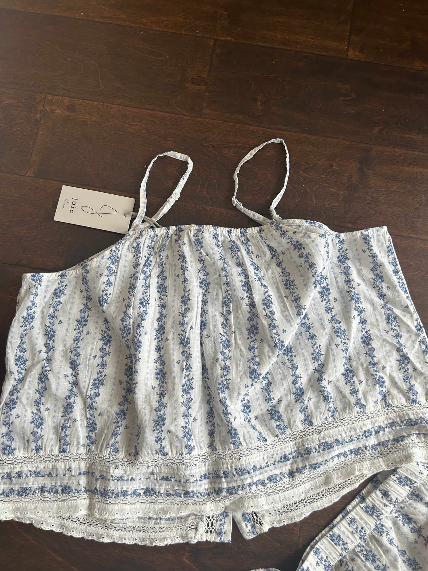 Joie Womens Blue White Flora Pajama Lace Set Shorts Top New Lace Cotton