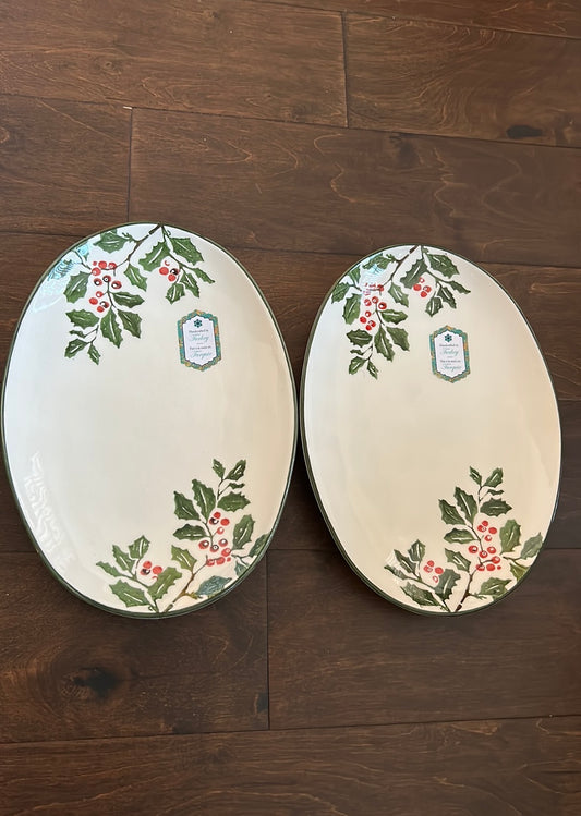 Papart Ceramic Set Of 2 Holly Berry Christmas Oval Serving Platters New 11.5”x81/4”