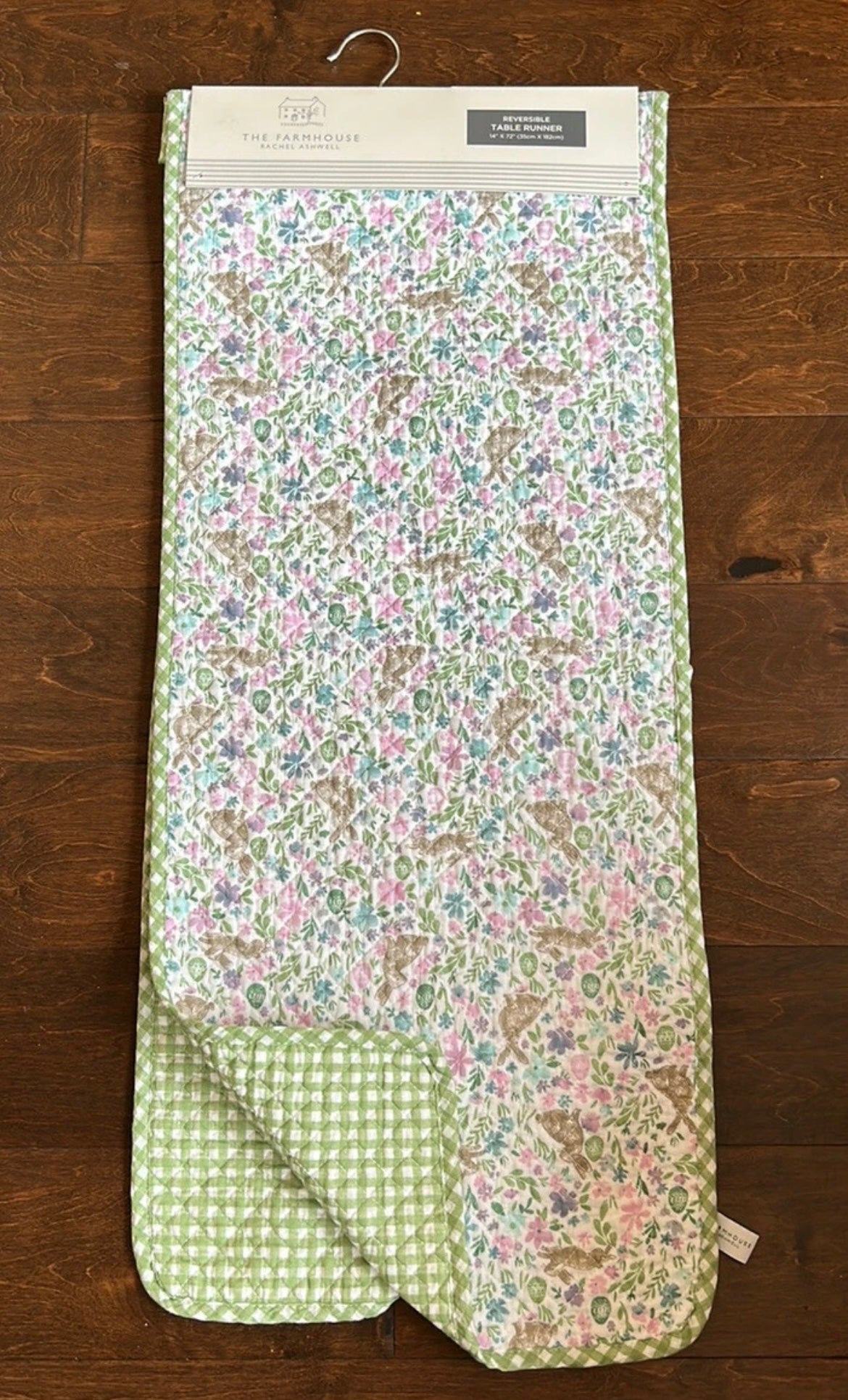 Rachel Ashwell Easter Table Runner Reversible Plaid  14”x72” Bunny Rabbit Floral