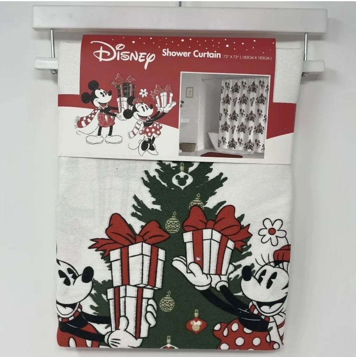 Disney Mickey & Minnie Mouse Shower Curtain Christmas Tree Gifts 72”x72” NEW