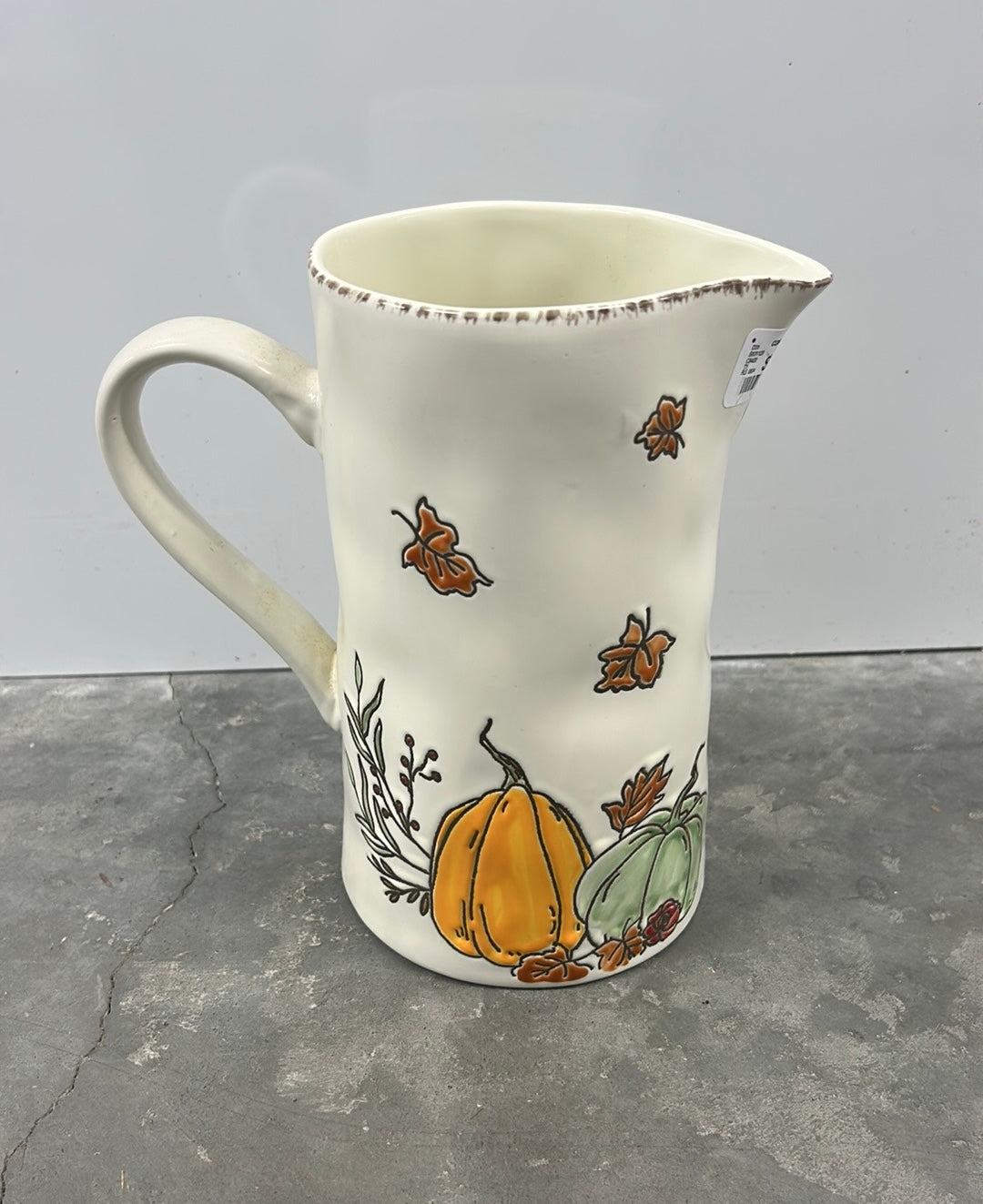 Eli & Ana Fall Thanksgiving Pumpkin Ceramic Pitcher Vase New Etched 7.5” Tall