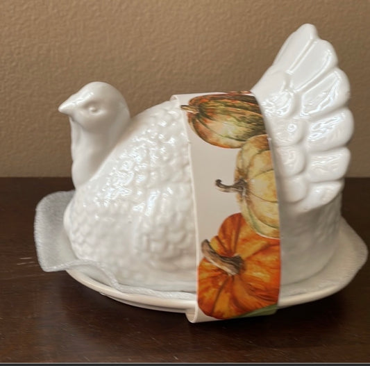 Cute Turkey Butter Dish Ceramic New White Thanksgiving