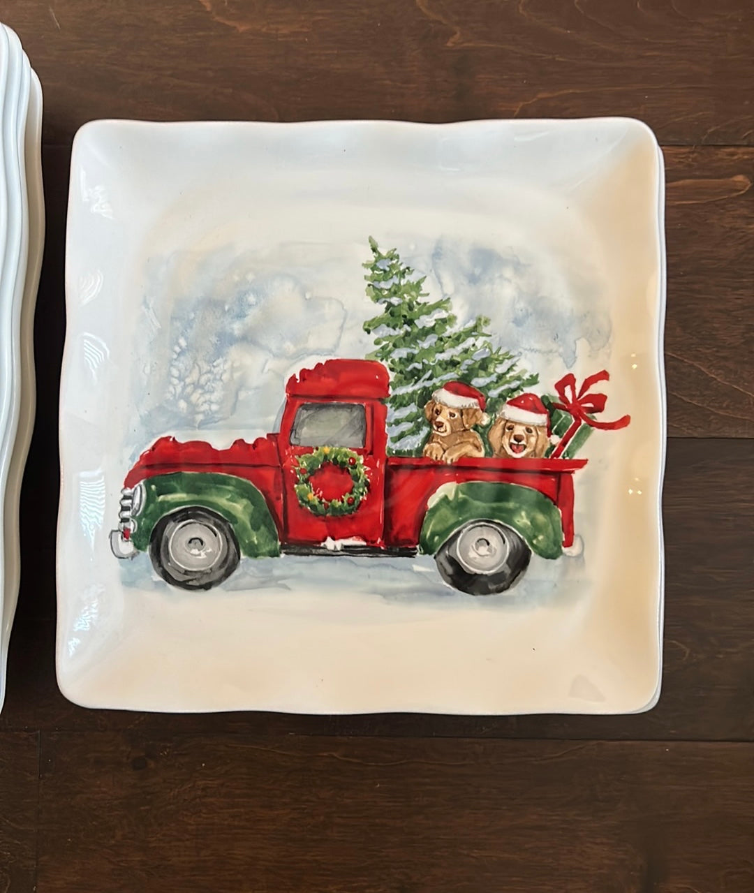 Maxcera Dinnerware Set Ceramic Square Scalloped Christmas Tree Red Truck New