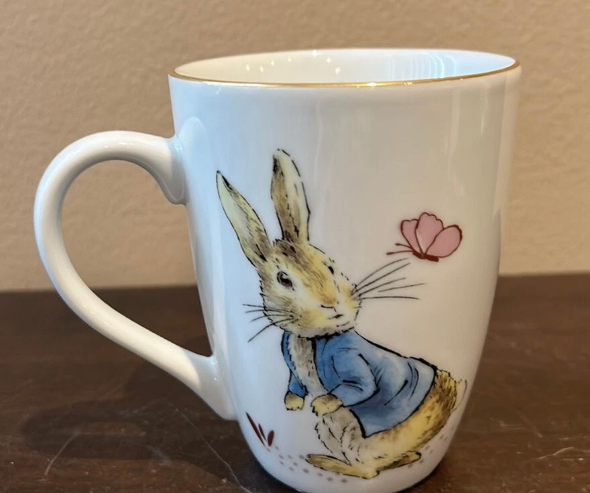 Beatrix Potter Peter Rabbit Bunny Easter Set of 4 Mugs Gold Rim New
