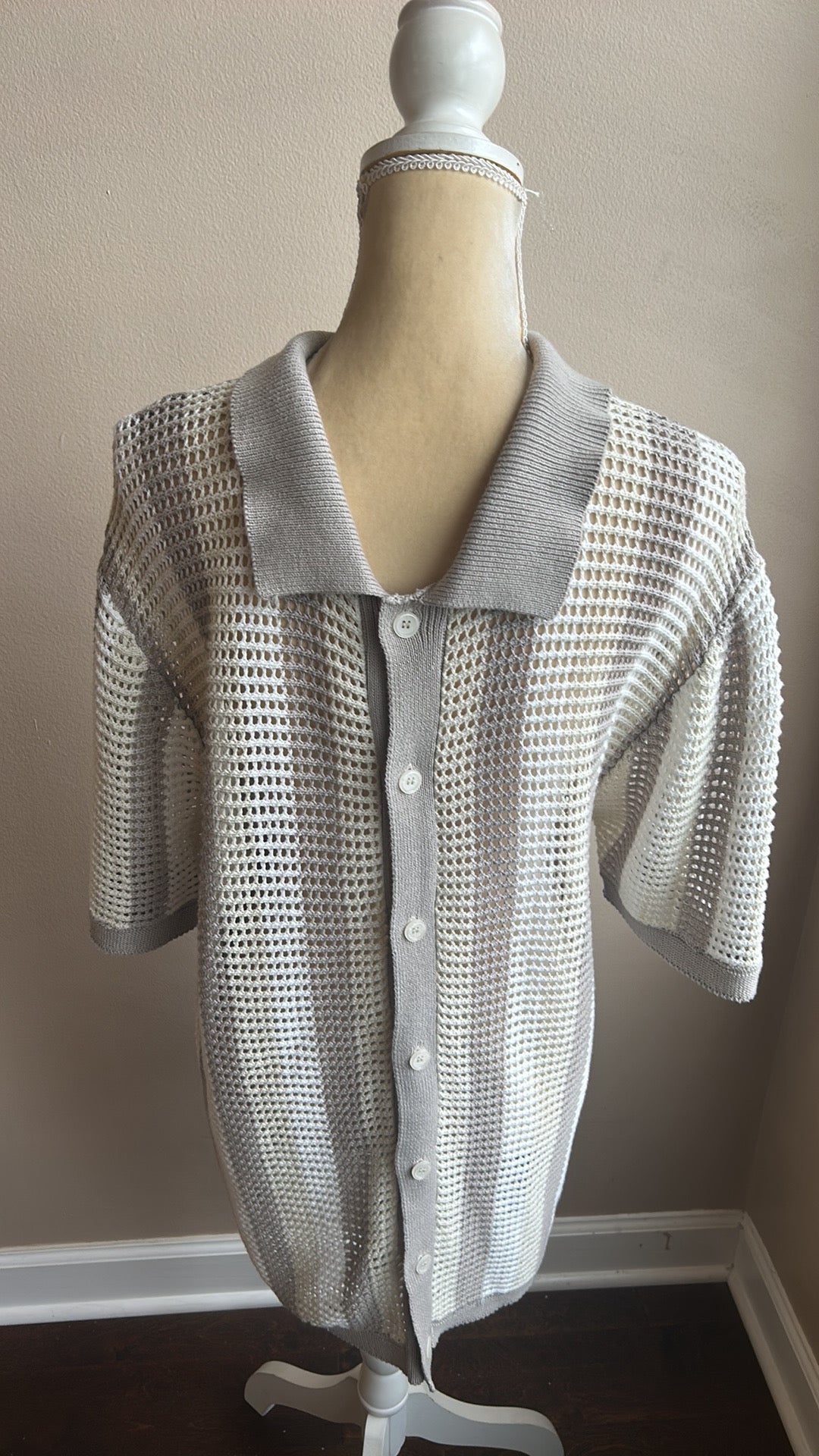 Massive Luxury  Shirt Men’s Crochet Knit Button Down Collared New Ivory Beige