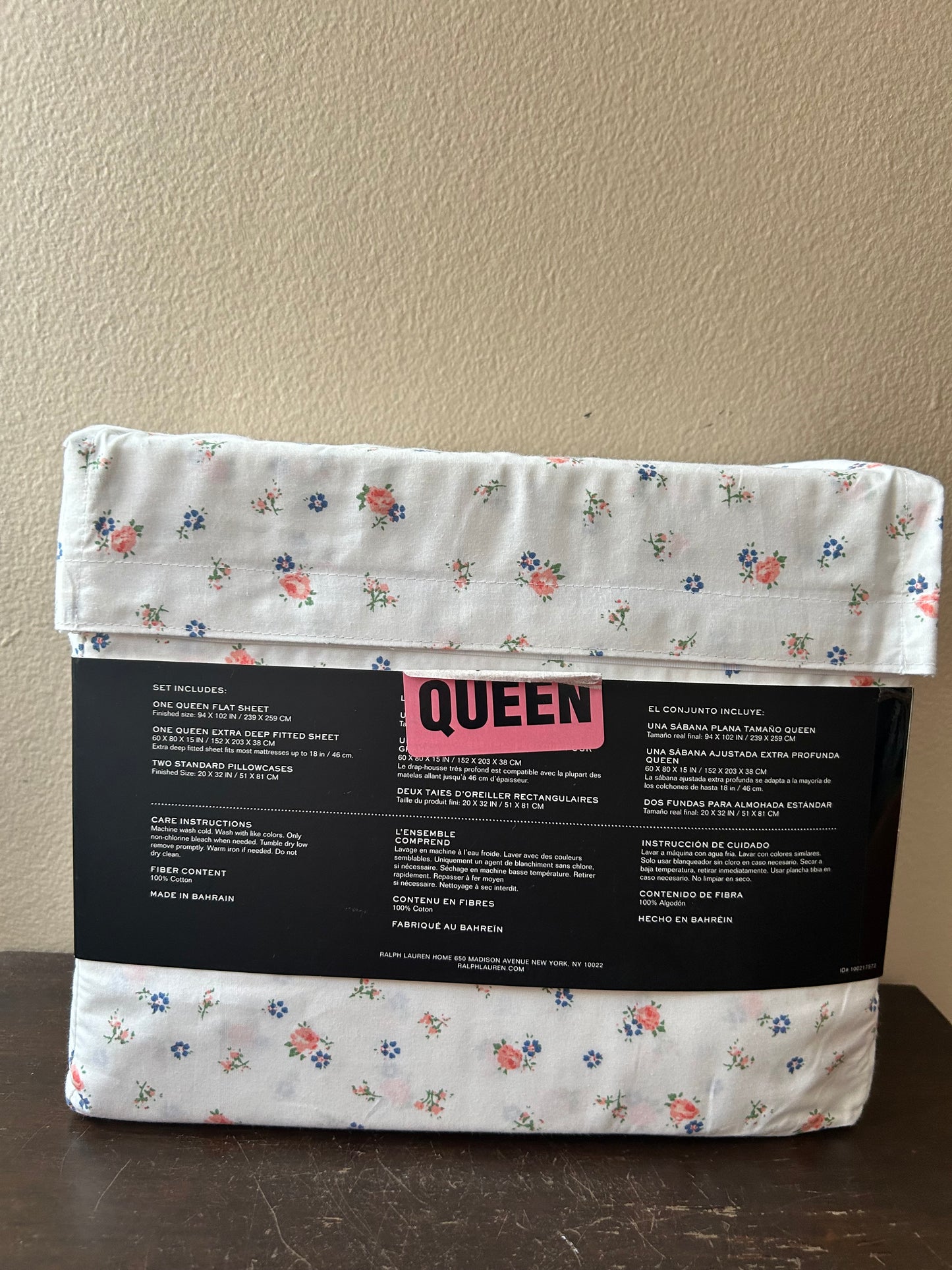 Ralph Lauren floral Roses Blue white Cotton 4 Pc Queen Sheet Set NEW