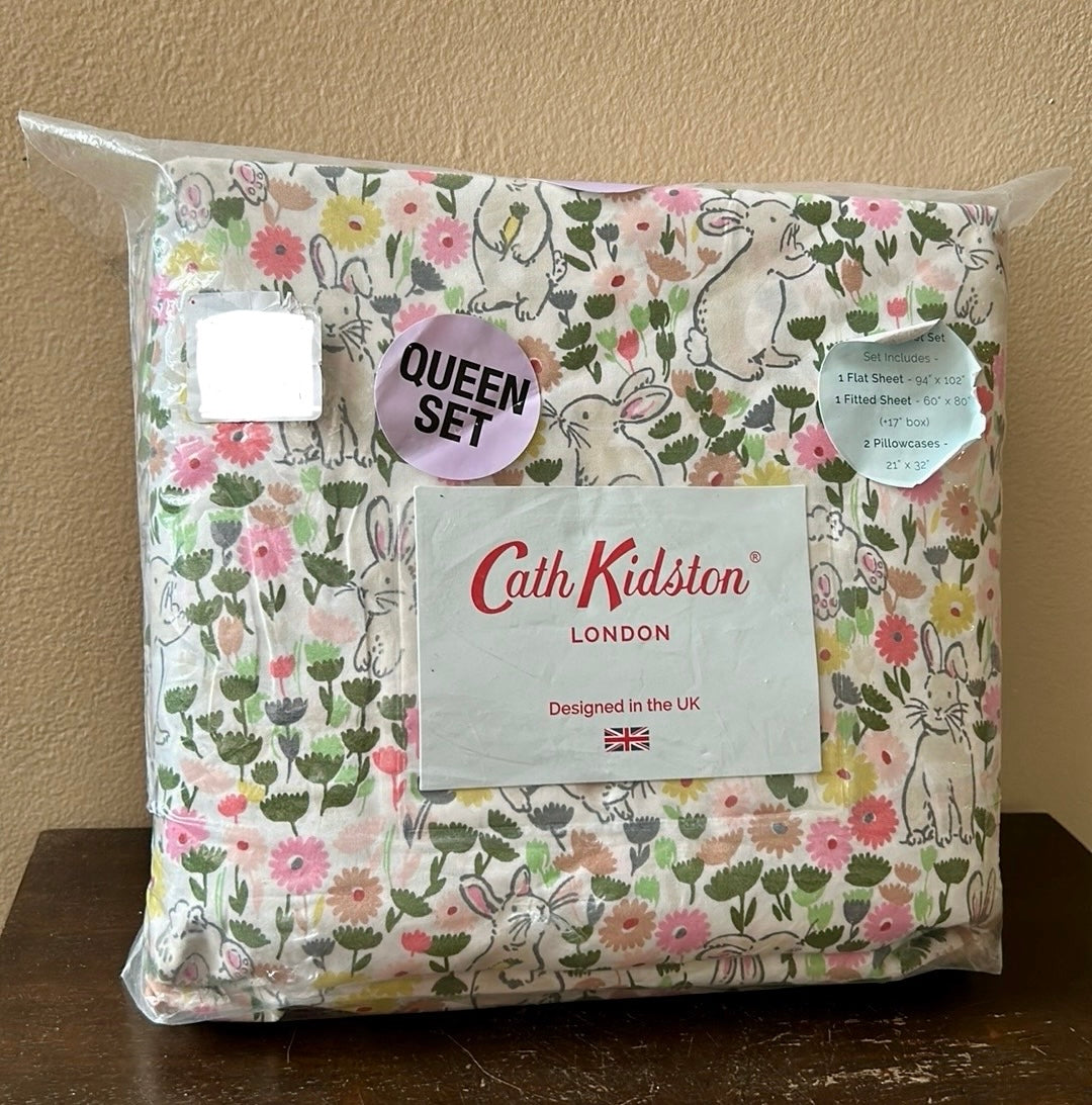 Cath Kidson Sheet Set East Bunny Floral Queen Cotton 200 Thread Count New