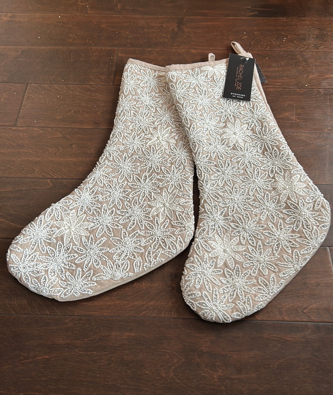 2 Rachel Zoe Embroidered White Stocking Christmas New Holiday Pearl Beaded