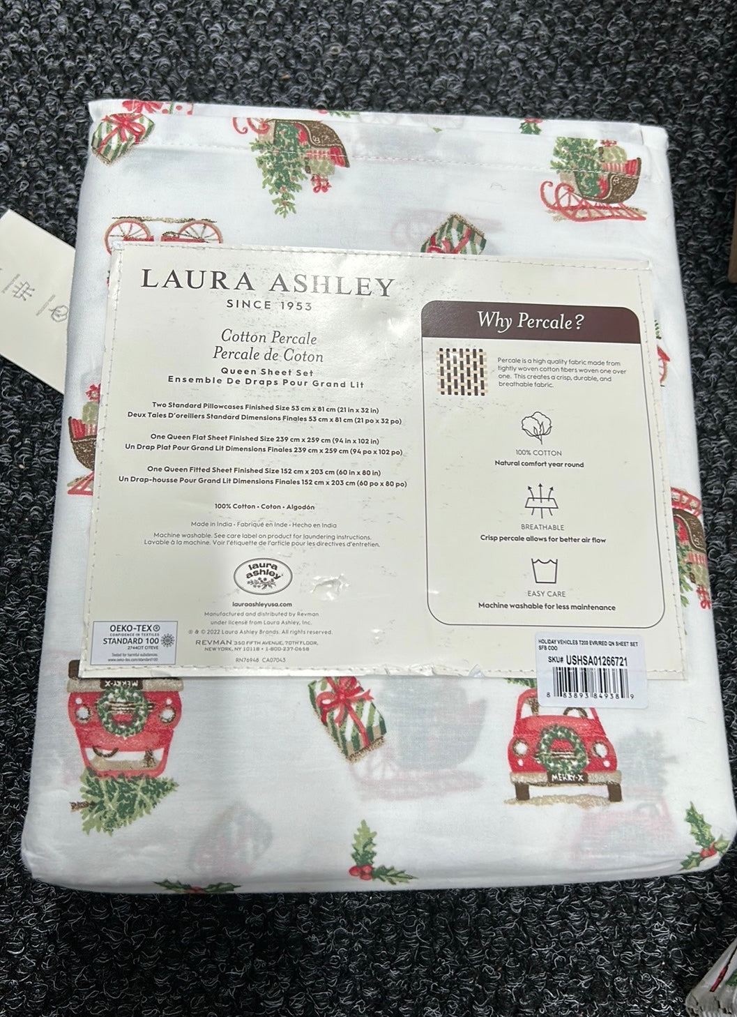 Laura Ashley Queen Sheet Set Holiday Vehicles Evergreen Cottage Farmhouse 4 Pc