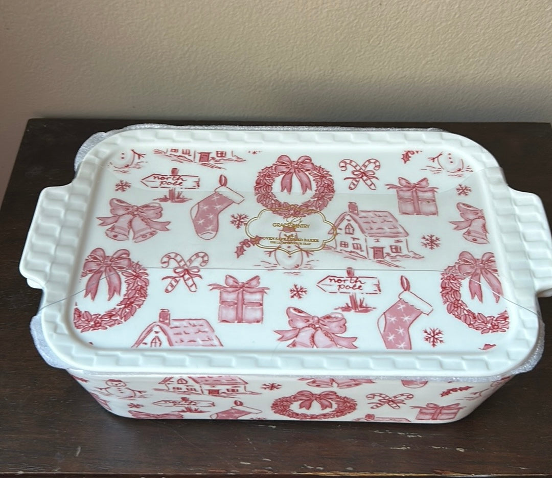 Grace Pantry Christmas Wreath Snowman Oven Safe Covered Casserole Dish Lid