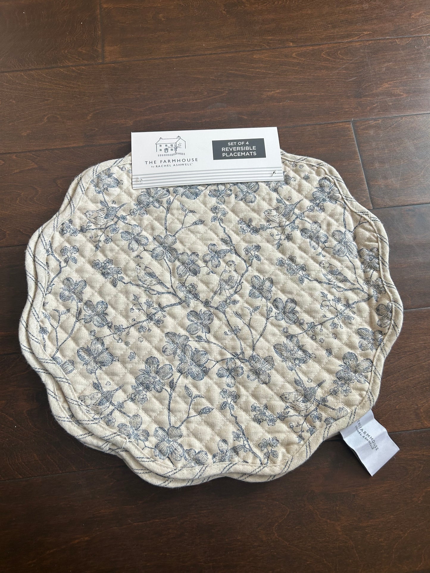 Rachel Ashwell Set Of 4 Quilted Placemats New Beige Blue Floral Birds Stripes