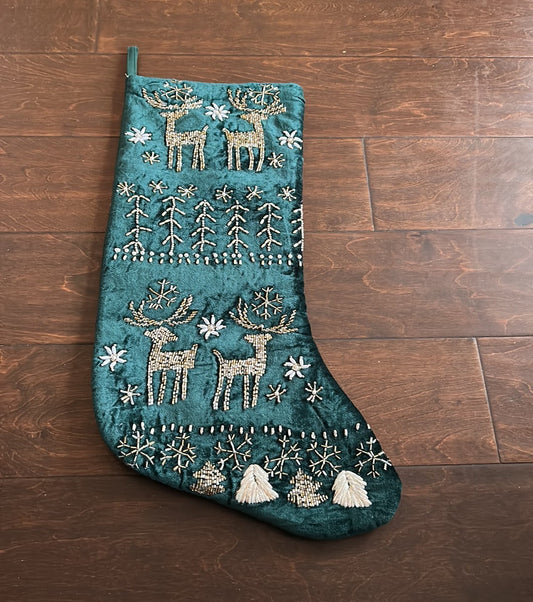 Christian Lacroix Green Christmas Reindeer Snowflake  Beaded 22” Stocking New