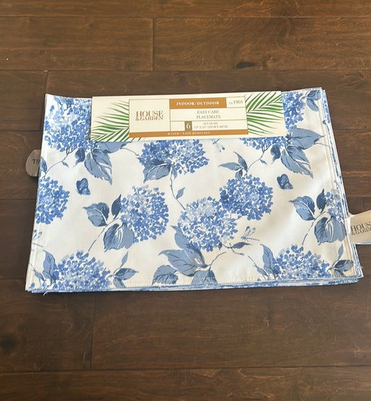 House & Garden  Hydrangeas Blue White Spring Summer  Placemats Set Of 4 New