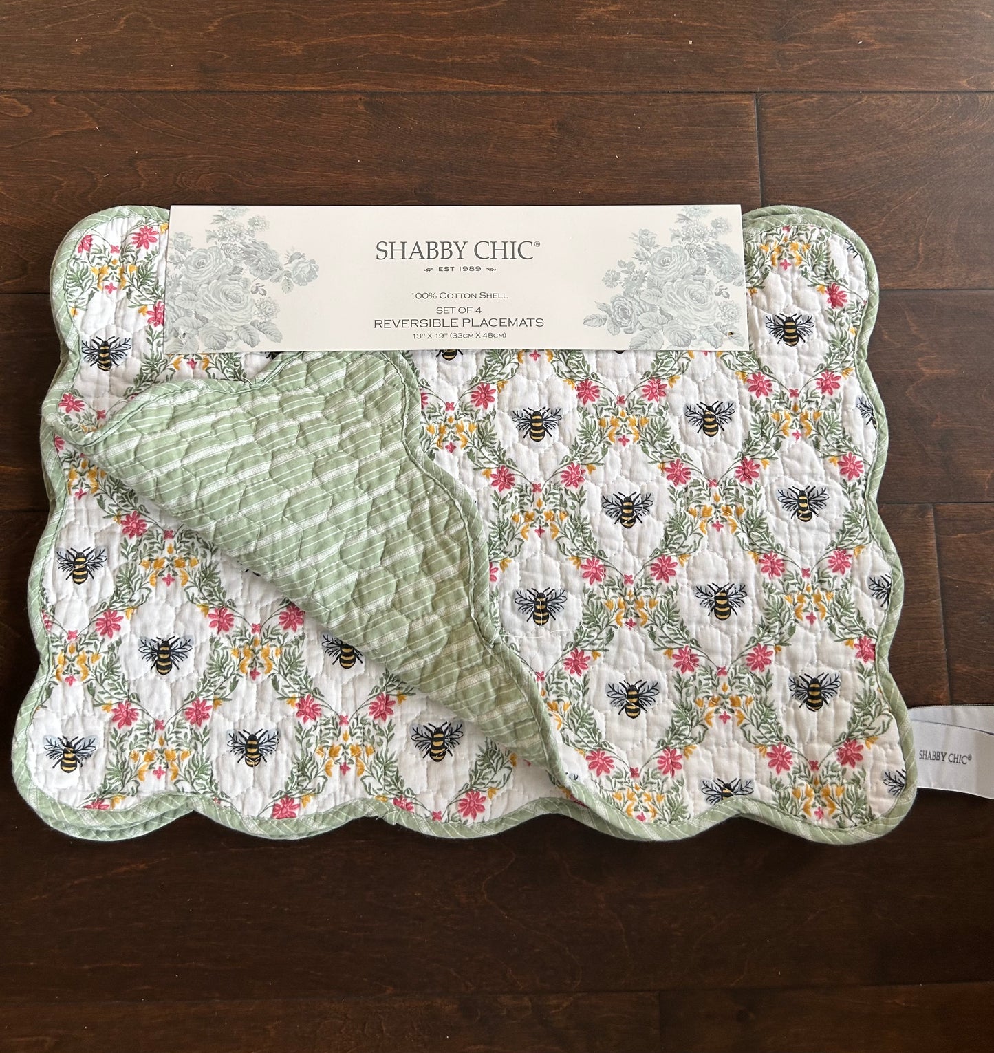 Shabby Chic Set Of 4 Scalloped Quilted Bumblebee Placemats New Floral  Striped