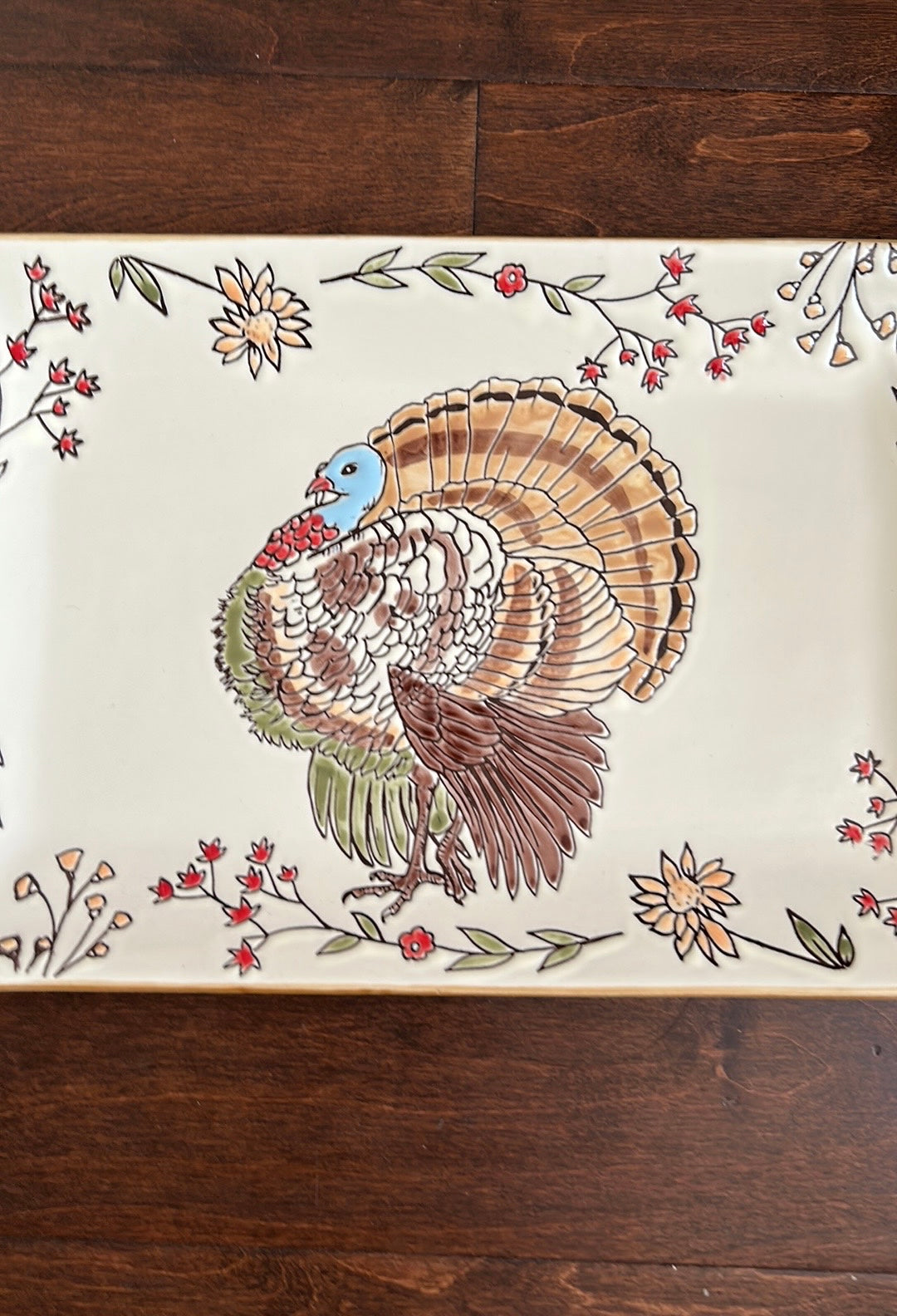 Eli & Ana Turkey Print Ceramic Platter Floral Thanksgiving Fall New