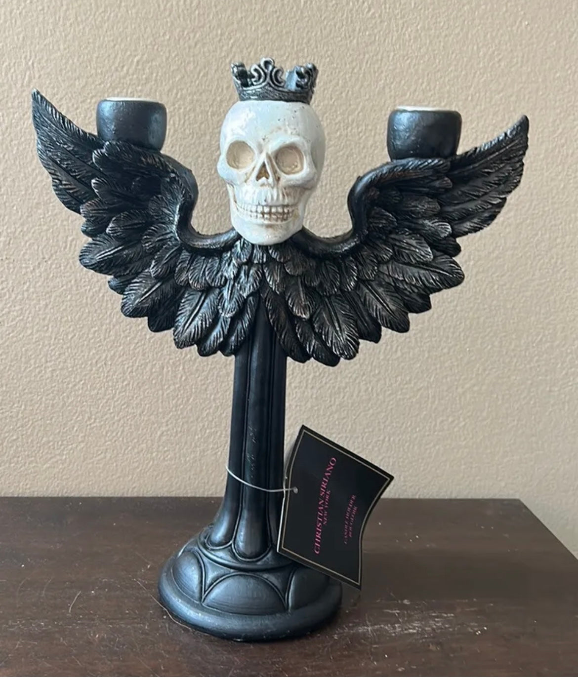 Christian Siriano New Halloween Candelabra holds 2 Candles King Skull witg Wings