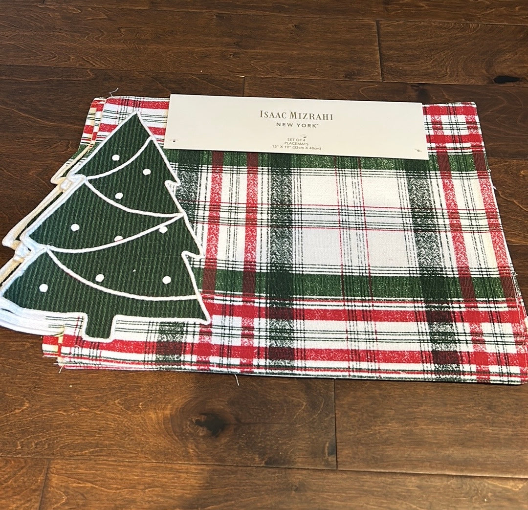 Isaac Mizrahi Set Of 4 Placemats New Christmas Tree Plaid Red Green