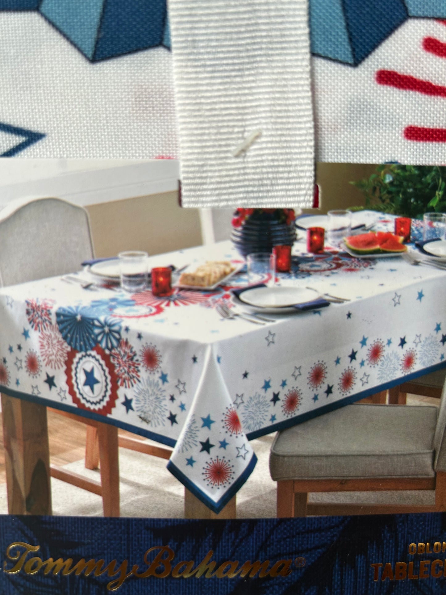 New Tommy Bahama Americana Tablecloth Floral Red White Blue Oblong 60”x84”