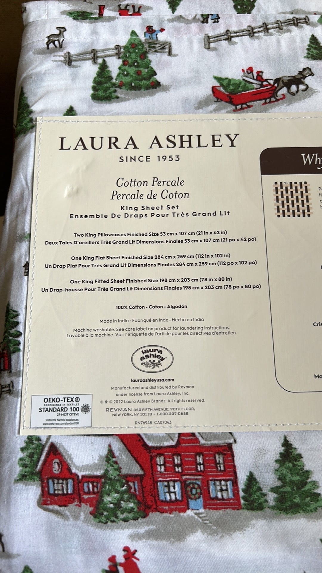 Laura Ashley Cotton Percale Christmas scene Santa Sleigh King sheet set new