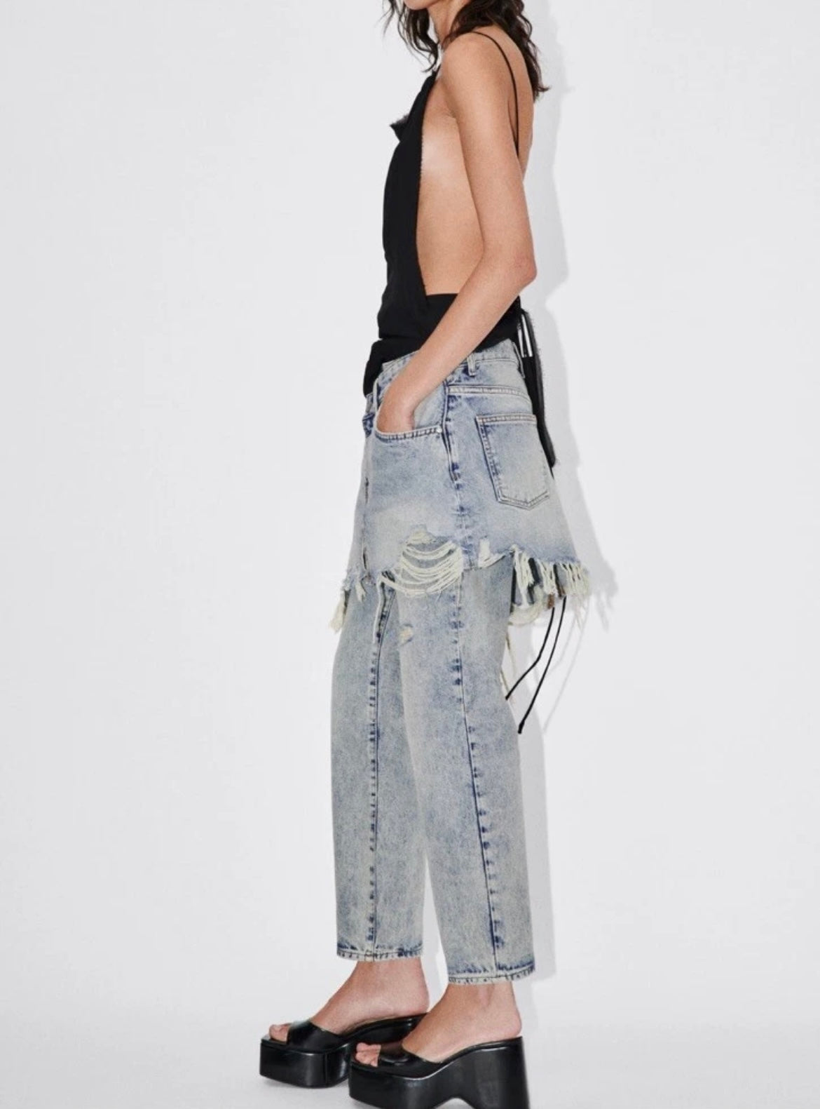 ZARA WOMAN NWT ZW STRAIGHT-LEG MID-RISE Layered JEANS FADED BLUE Sz 0