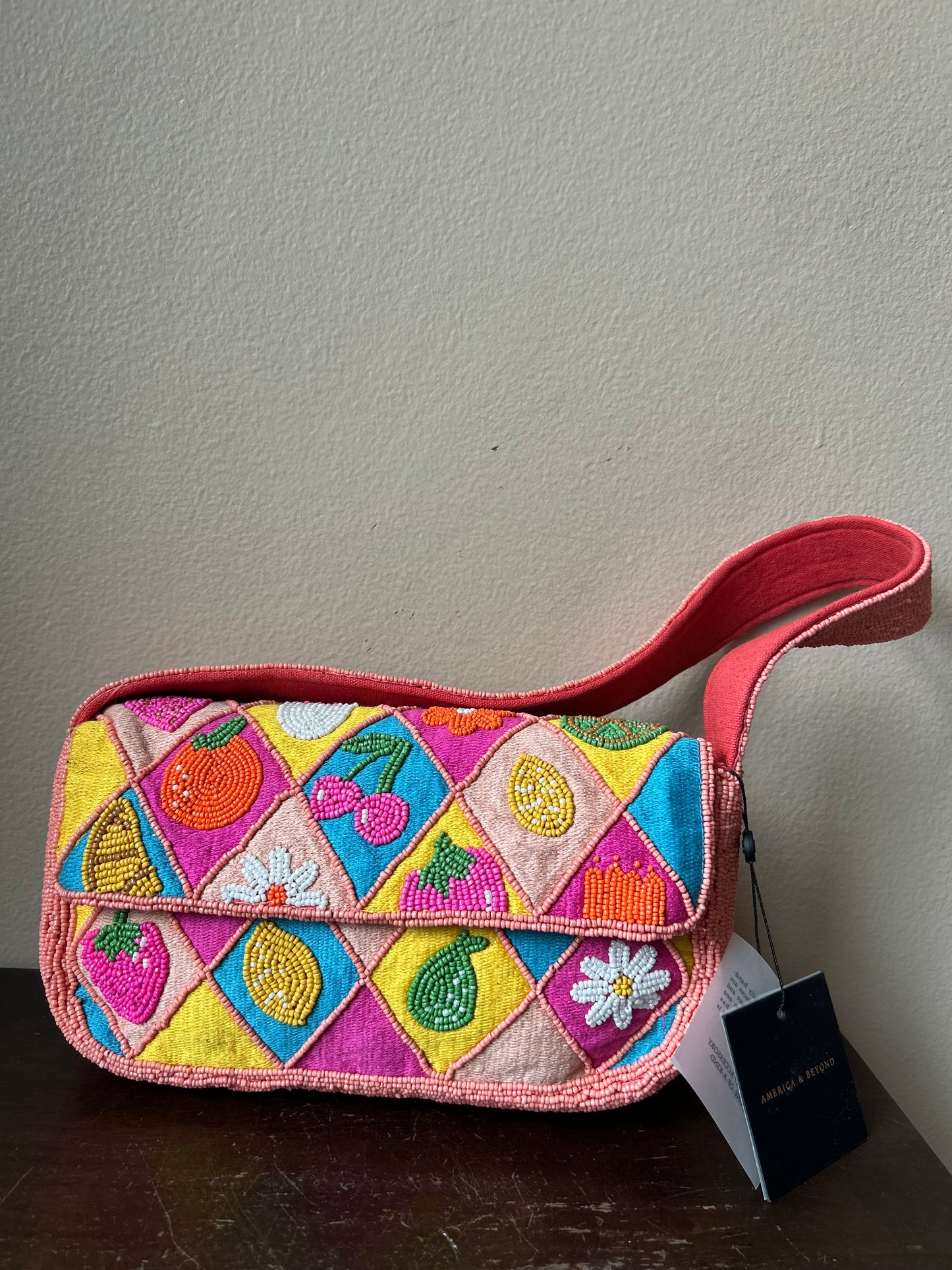America & Beyond Beaded Pink Colorful Fruit Floral Shoulder Bag New