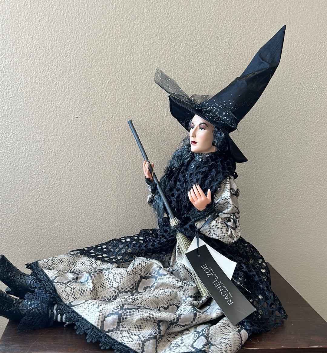 Halloween Witch Doll w/Skull Black Lace Faux Snake Skin Dress 25" Shelf Sitter