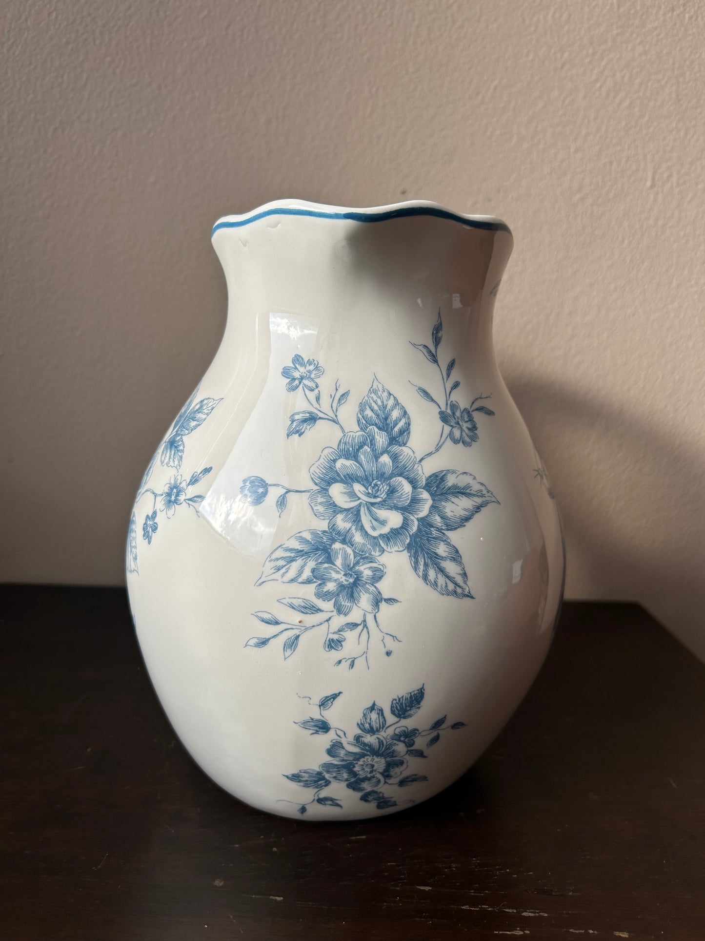New Pitcher Vase Easter Spring Floral Blue Bunny Rabbit Ceramic New 8” Tall
