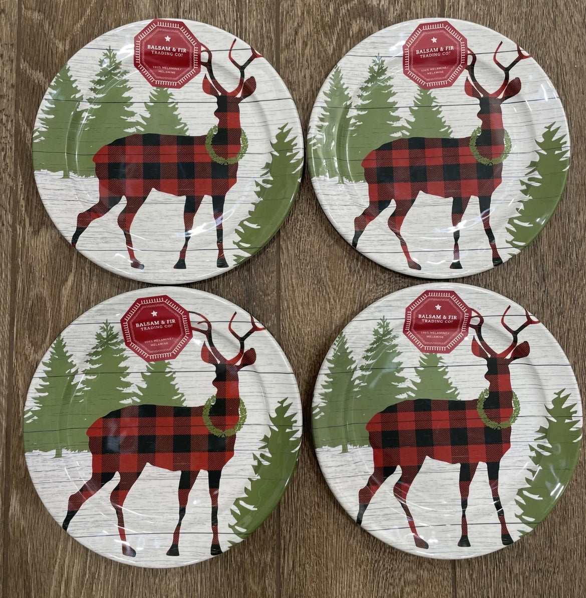 Set 4 REINDEER Balsam & Fir Christmas Dinner Plates Melamine 11”Holiday Plate