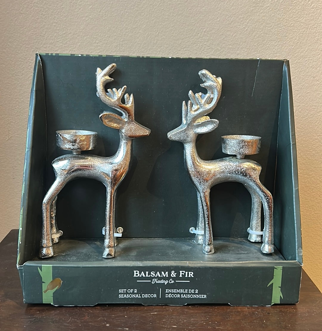 Balsam & Fir Set Of 2 Reindeer Tea Light Candle Holders Silver Metal New