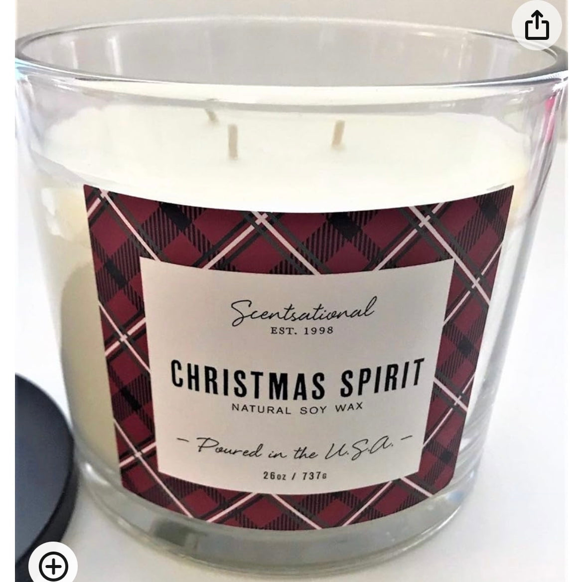 Scentsational Christmas Spirit Candle Glass Jar 26oz Red Plaid Design