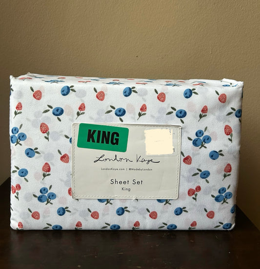 London Kaye King Sheet Set Strawberry Blueberry Americana Microfiber New 4 Pc