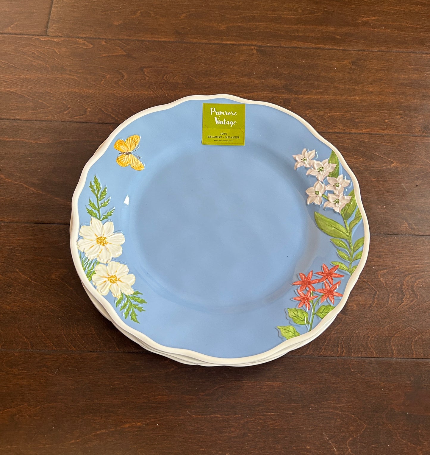 Primrose Vintage Floral Spring Butterfly 10 3/4”  Melamine 4 Dinner Plates