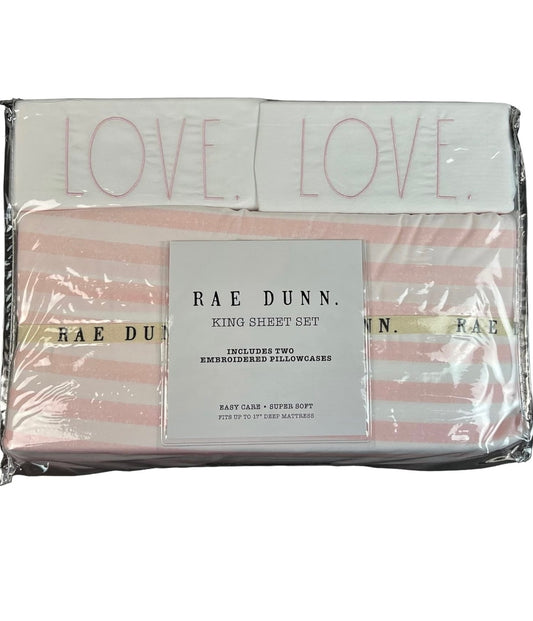 RAE DUNN 4 PC LOVE STRIPED PINK & WHITE SHEET SET KING New Valentines