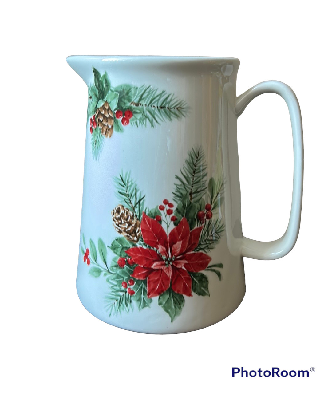 Maxcera Ceramic Pitcher  Christmas Poinsettia Holly Berries Pinecone New