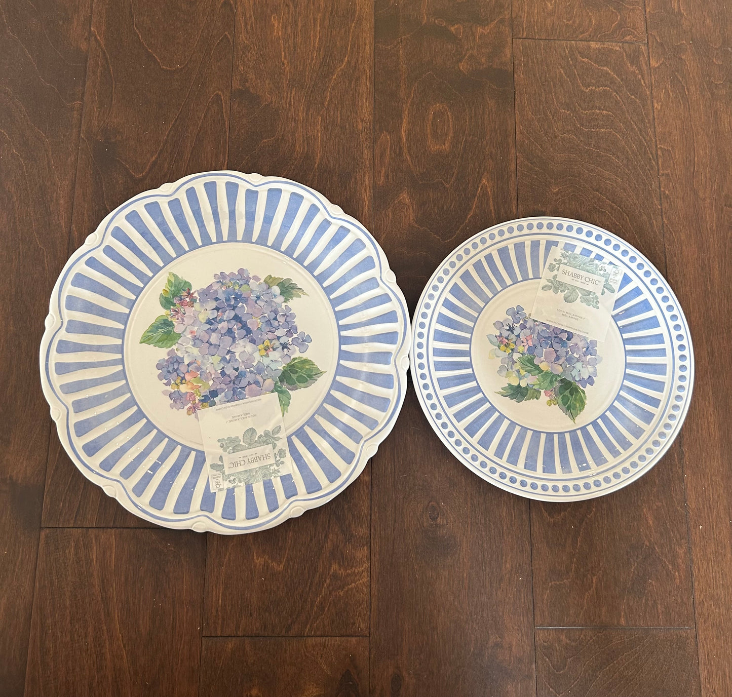 Shabby Chic 8 Pc Melamine Dinnerware Set Hydrangeas Striped Floral New