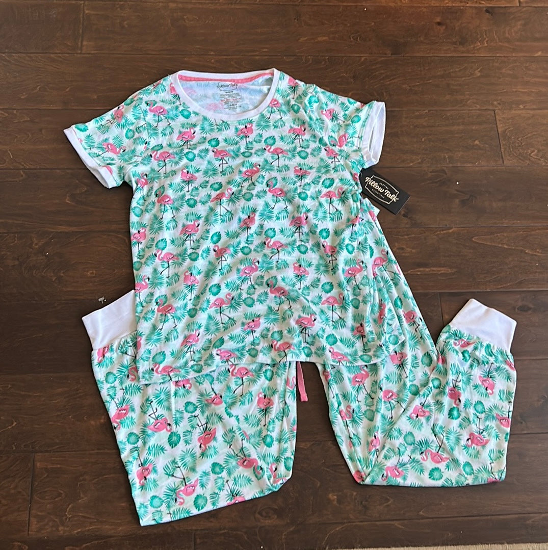 Pillow Talk 2 Pc Pajama Set New Flamingoes Tropical Palm Fronds New