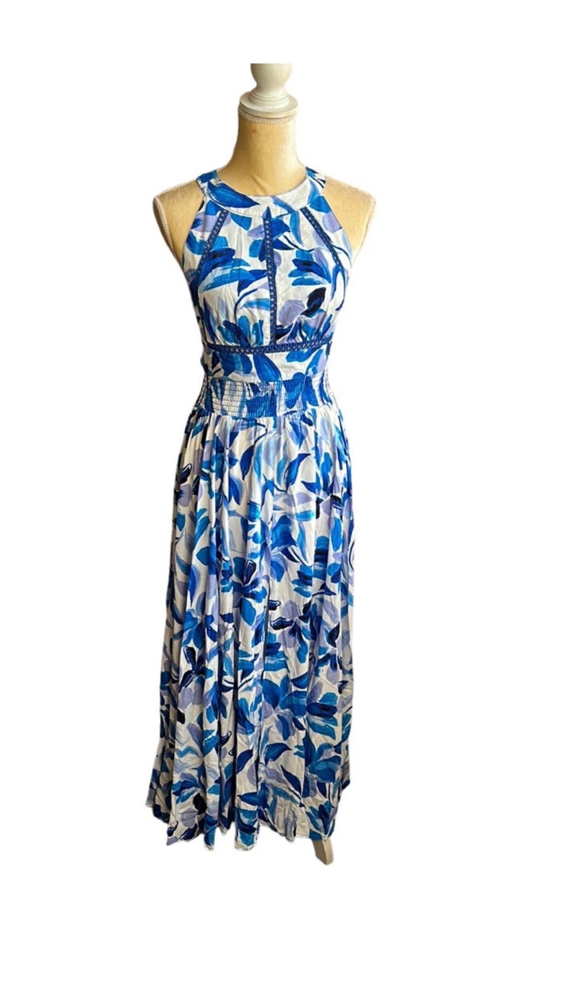 Abel the Label Anthropologie Rumi Maxi Dress NWT White Blue  Sexy Back