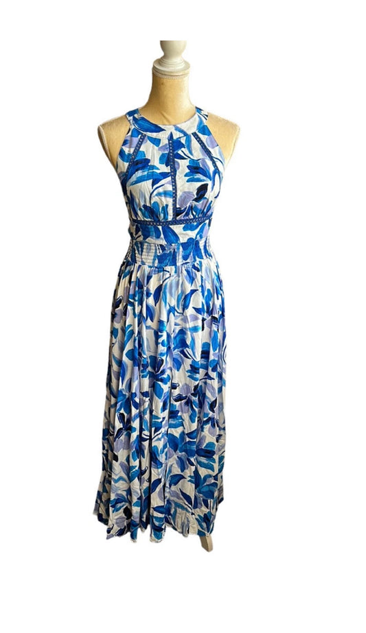 Abel the Label Anthropologie Rumi Maxi Dress NWT White Blue  Sexy Back