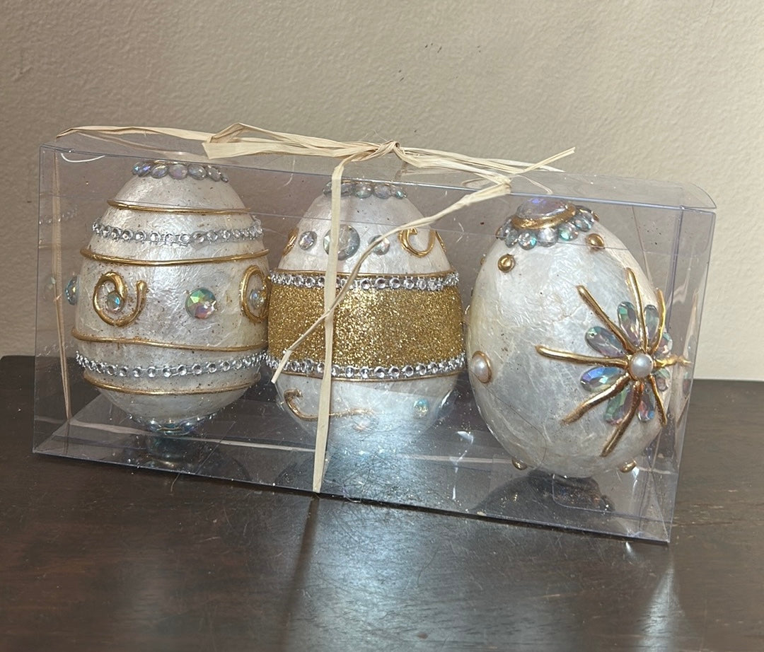 Easter Embellished EGG Jewel Capiz Egg Tabletop 5" Set of 3 Beige Gold