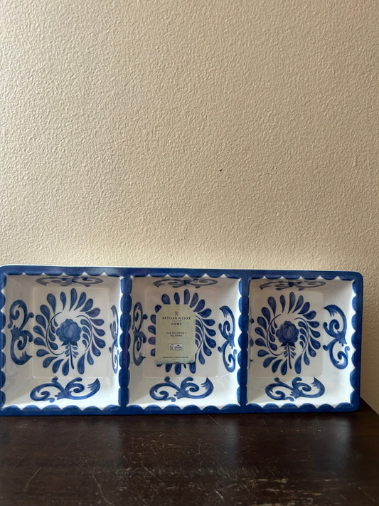 Artisan De Luxe Dipping Bowls New 3 Compartments Blue White Roses